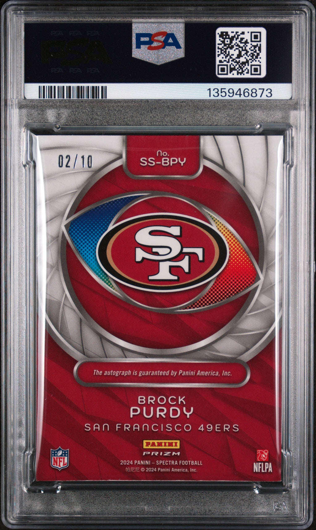 2024 Spectra #SS-BPY Brock Purdy Spectral Signatures Neon Orange Auto /10 PSA 8
