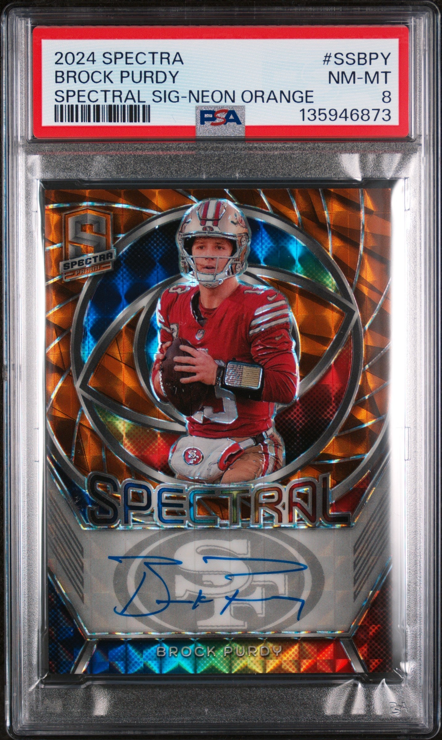 2024 Spectra #SS-BPY Brock Purdy Spectral Signatures Neon Orange Auto /10 PSA 8
