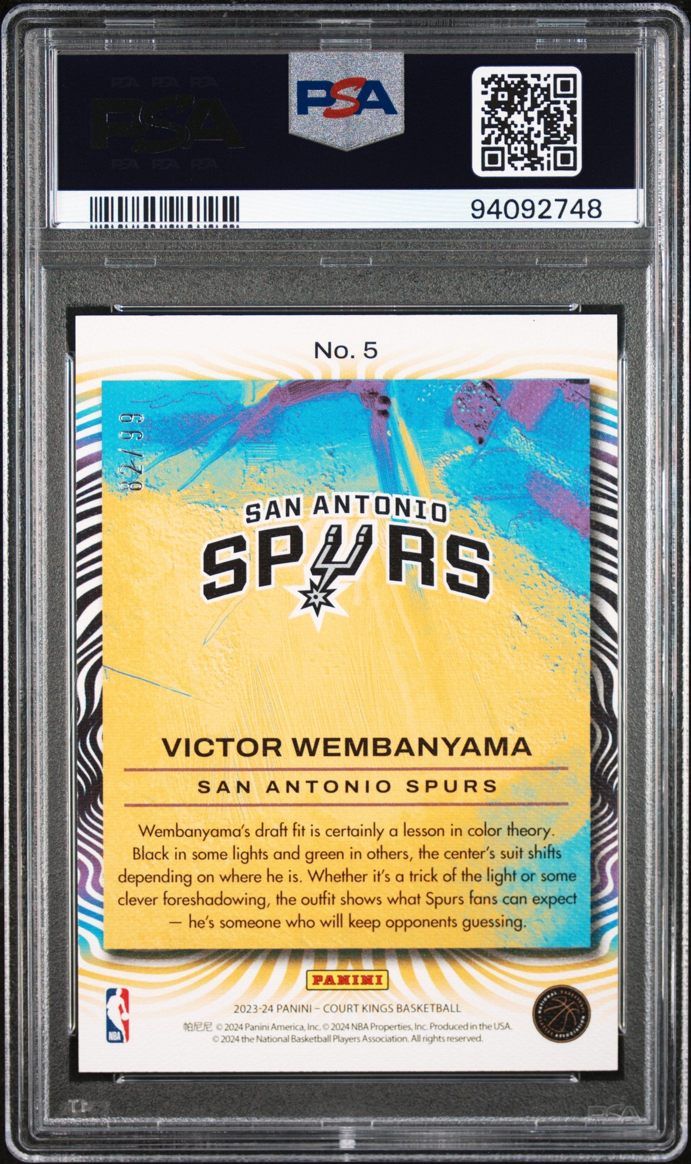 2023 Panini Court Kings Dressed to Impress - #5 - Victor Wembanyama - Amethyst Limited to /99 - PSA Graded Card
