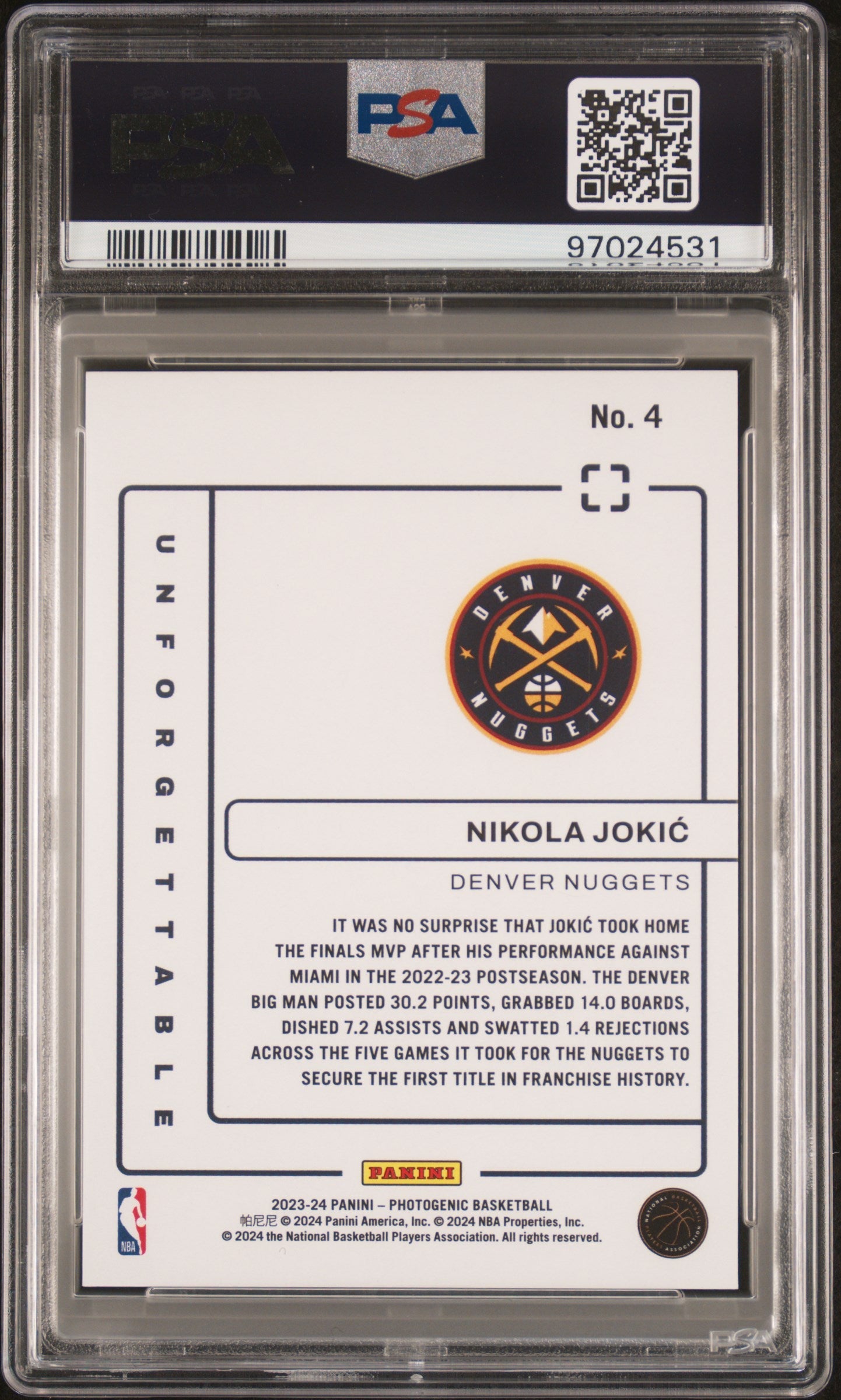 2023 Panini Photogenic Unforgettable - #4 - Nikola Jokic - Diamond Limited to /75 - PSA Graded Card