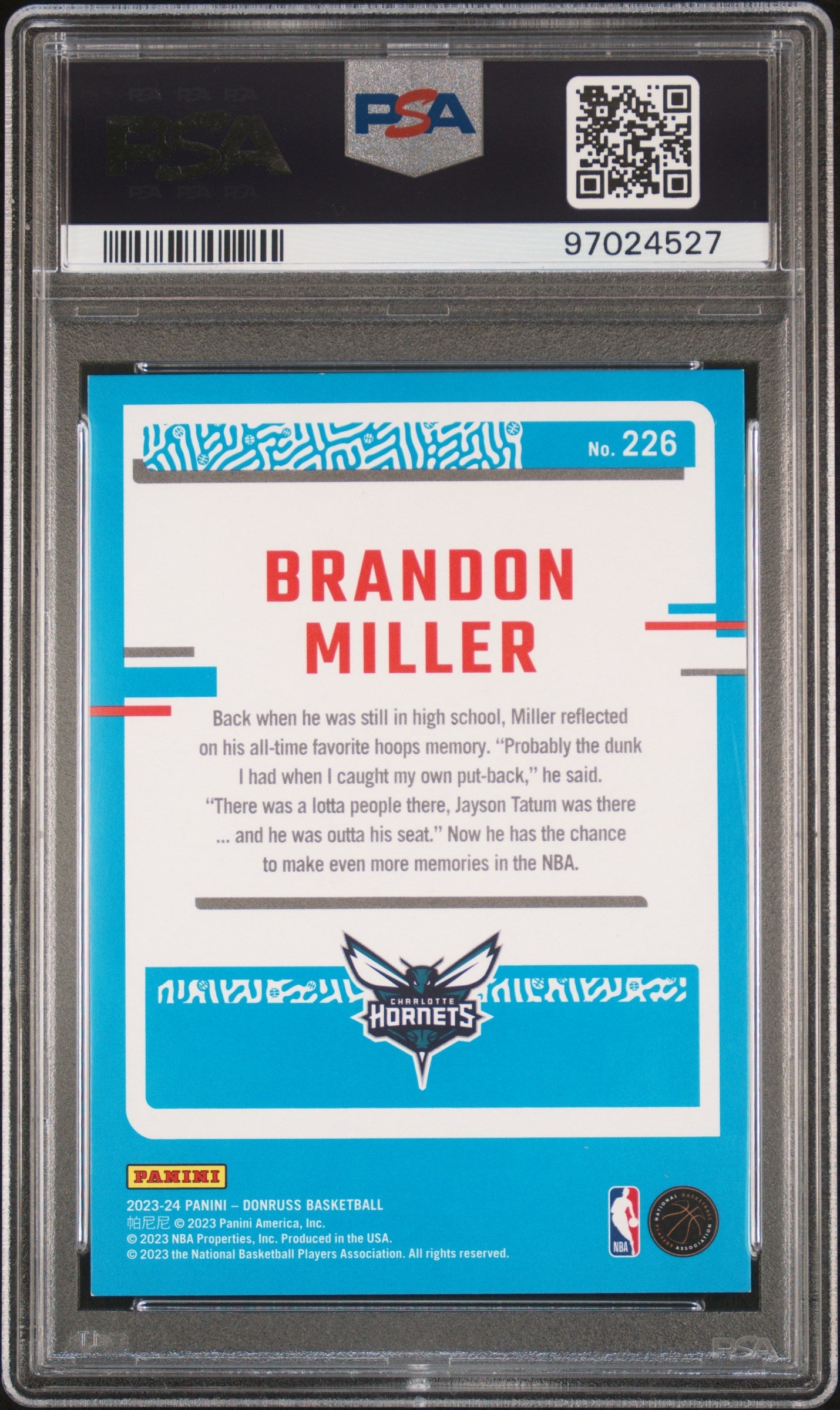2023 Panini Donruss - #226 - Brandon Miller - Holo Teal Rookie Laser Limited to /20 - PSA Graded Card