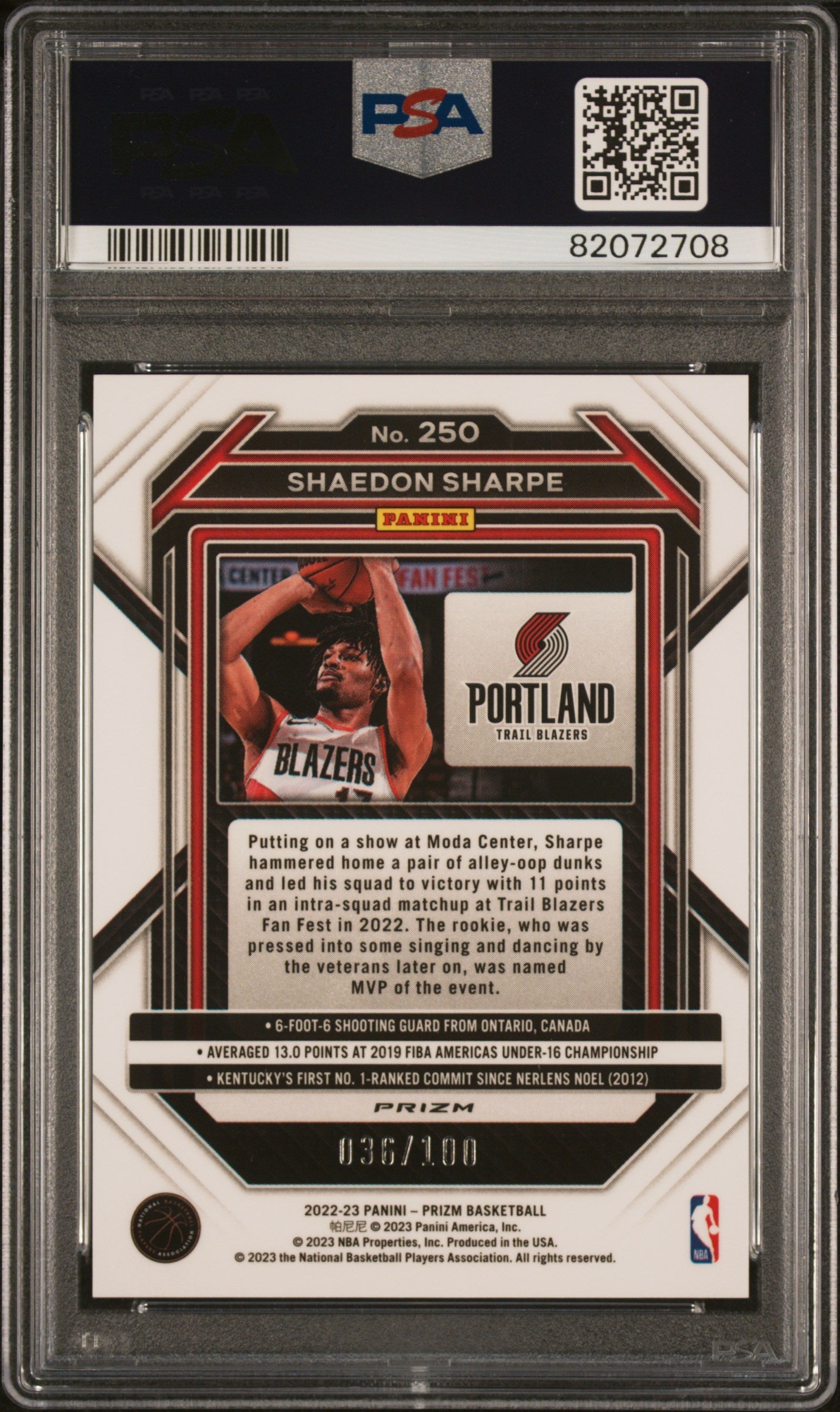 2022 Panini Prizm - #250 - Shaedon Sharpe - Red Fast Break Limited to /100- PSA Graded Card