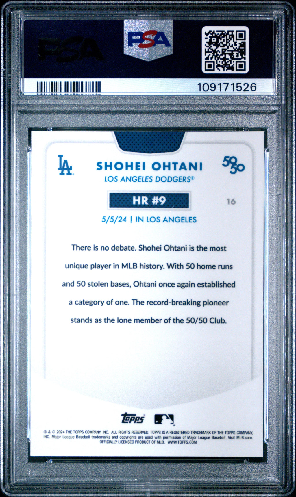 2024 Topps 50/50 Shohei Ohtani Chrome Blue Refractor - Shohei Ohtani - Limited to /150 #16 - PSA Graded Card