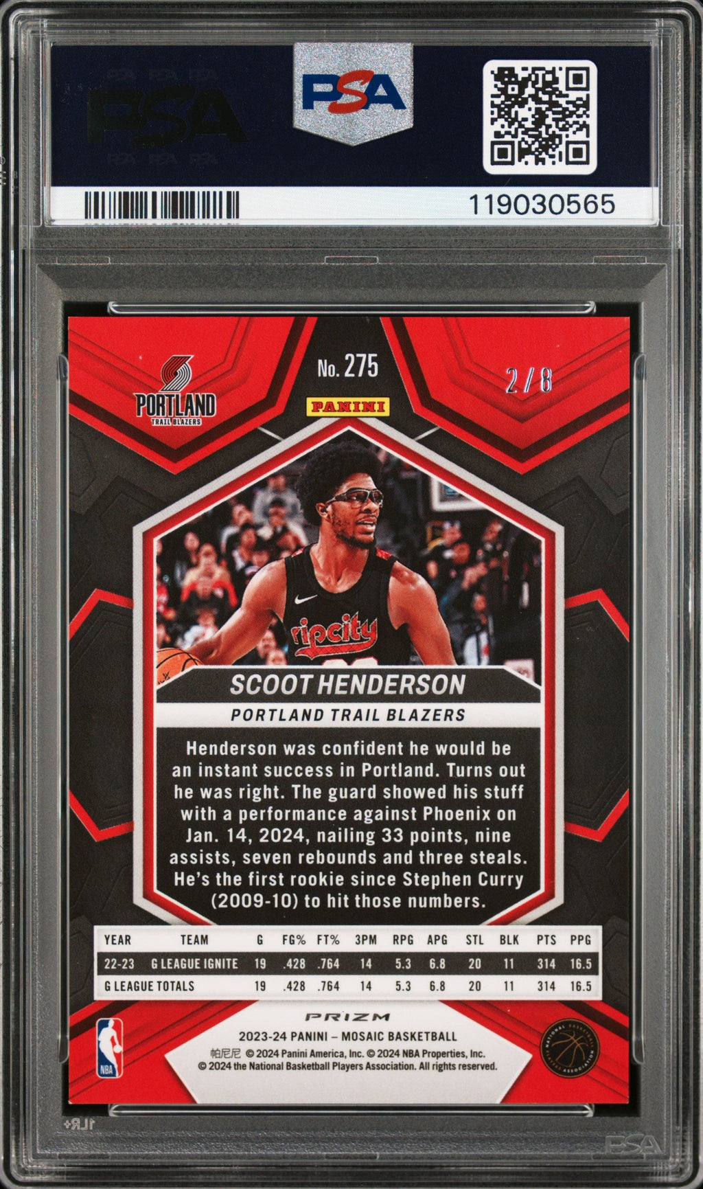 2023 Panini Mosaic - #275 - Scoot Henderson - Lucky Envelopes Rookie Limited to /8 - PSA Graded Card
