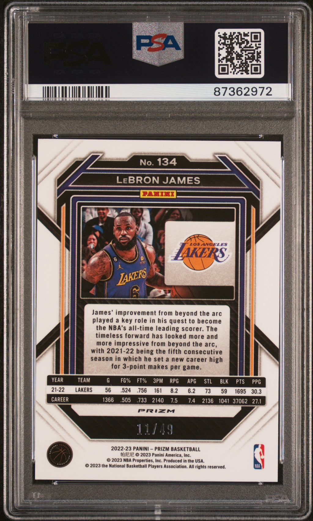 2022 Panini Prizm - #134 - LeBron James - Blue Choice Limited to 49 - PSA Graded Card