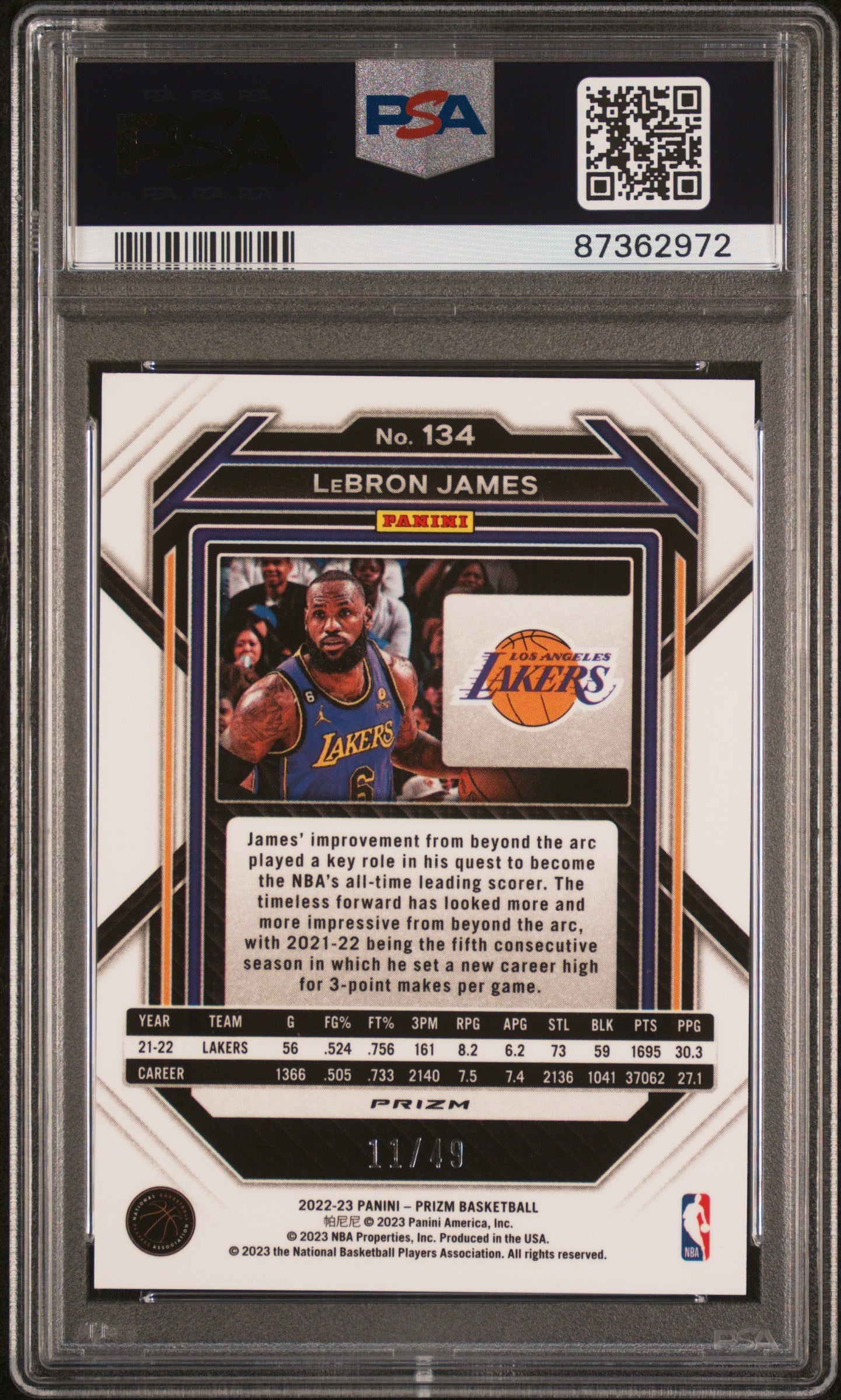 2022 Panini Prizm - #134 - LeBron James - Blue Choice Limited to 49 - PSA Graded Card