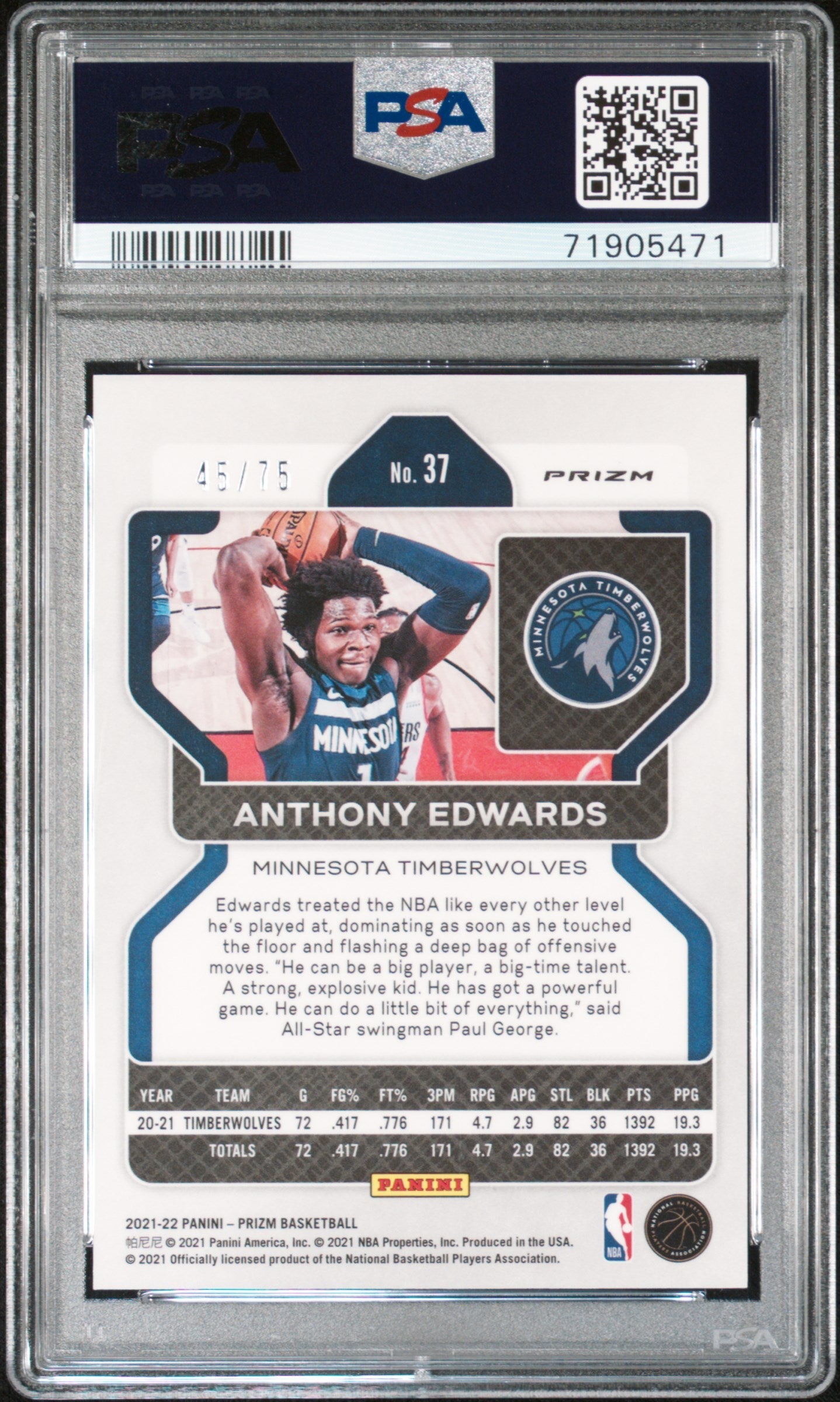 2021 Prizm - Anthony Edwards - NBA 75th Red Diamond Prizm - Limited to /75 - #37 - PSA Graded Card